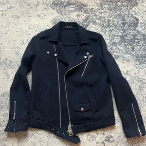Theory Navy Wool Biker Jacket with Silver Accents Size Small